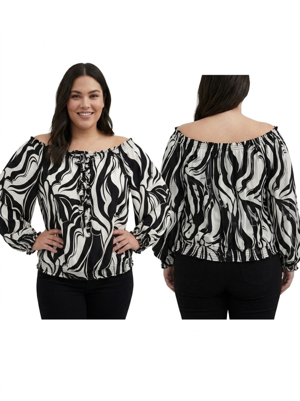 WHBM 100% Silk Top Size M Black White Abstract Print‎ Off Shoulder Long Sleeve